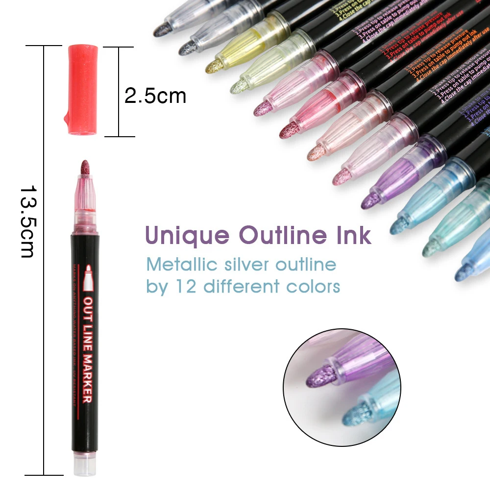12 цвята/комплект двойна линия писалка метален цвят маркер дръжка за DIY албум за рисуване Маркер дръжка офис учебни материали за бродерия5
