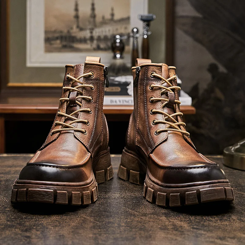 Мъжки обувки за езда от естествена кожа, с голяма кръгла пръсти дантела в британския стил, мъже, работа и безопасна обувки в стил ретро0