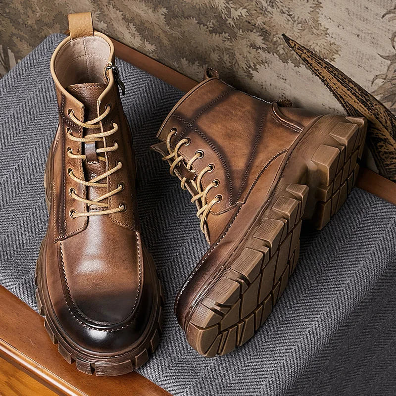 Мъжки обувки за езда от естествена кожа, с голяма кръгла пръсти дантела в британския стил, мъже, работа и безопасна обувки в стил ретро3