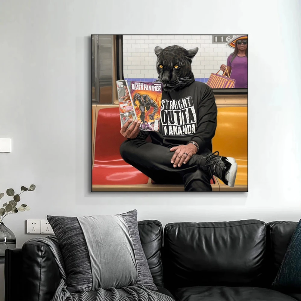 Антропоморфный Черен Леопард Плакати За Четене на Стенно Изкуство, Печат Върху Платно Съвременните Животни Живопис за Хола Начало Декор Снимки1