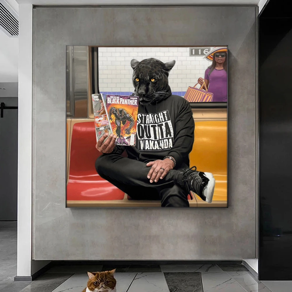 Антропоморфный Черен Леопард Плакати За Четене на Стенно Изкуство, Печат Върху Платно Съвременните Животни Живопис за Хола Начало Декор Снимки2