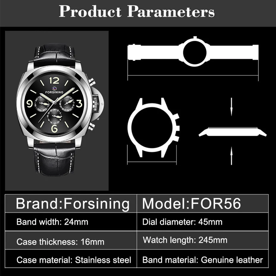 Модерен мъжки часовник Forsining, висок клас марка, автоматични механични мъжки луксозни класически черен часовник с каишка от естествена кожа Relogio Masculino3