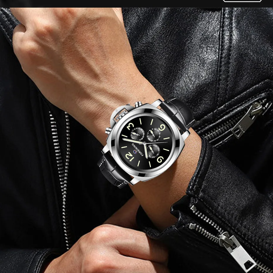 Модерен мъжки часовник Forsining, висок клас марка, автоматични механични мъжки луксозни класически черен часовник с каишка от естествена кожа Relogio Masculino5