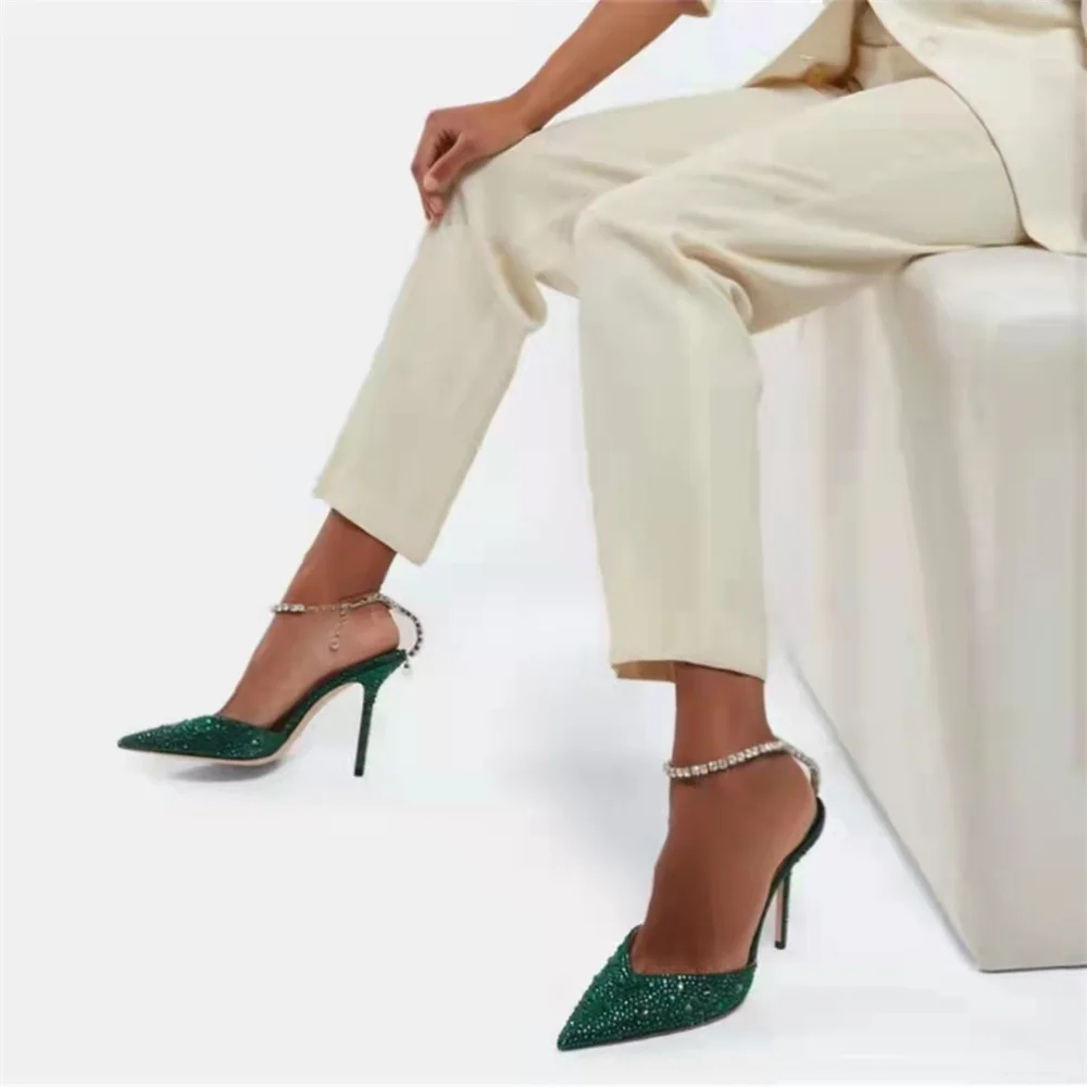 2023 Есенно-зимните Модни дамски сандали без закопчалка на висок ток-висок ток с остър пръсти, чубрица сандали на висок ток с диаманти/Rhinesto1