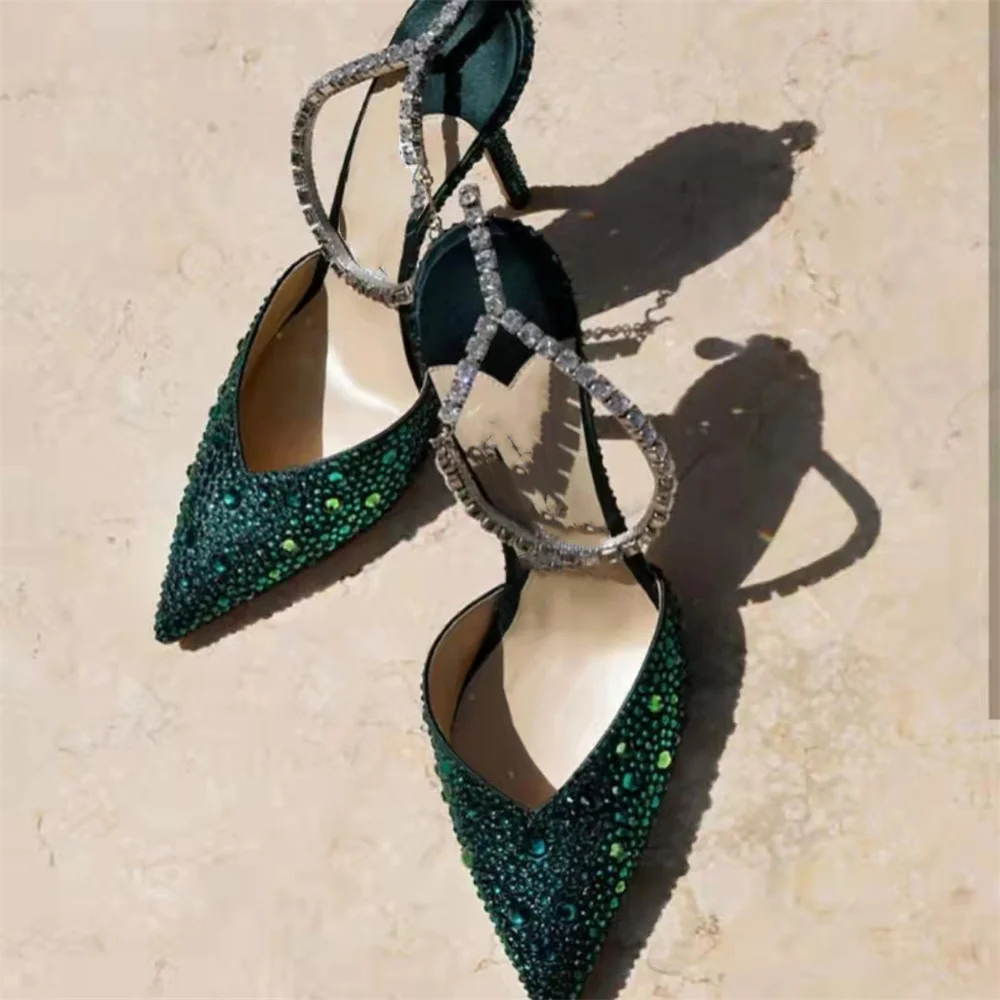 2023 Есенно-зимните Модни дамски сандали без закопчалка на висок ток-висок ток с остър пръсти, чубрица сандали на висок ток с диаманти/Rhinesto3