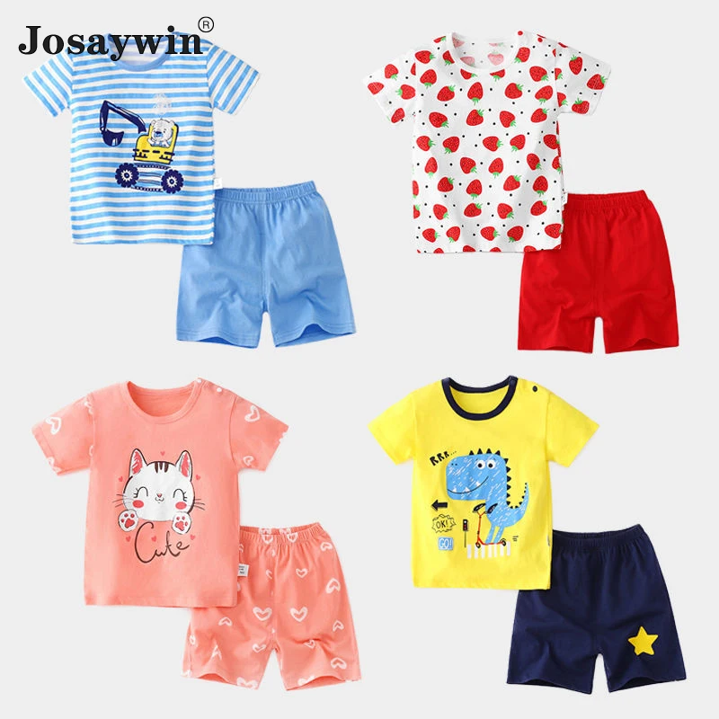 Детски костюми, памучни комплекти от 2 теми с анимационни принтом за момичета и момчета, и топ с къс ръкав + шорти, комплекти, летни бебешки дрехи за новородени0