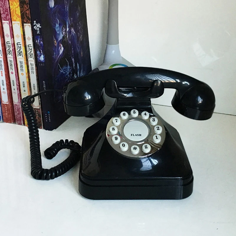 Ретро стационарен телефон Ретро-стационарен кабелен телефон с кнопочным избиране Настолен телефон за украса на дома офиса -черен0