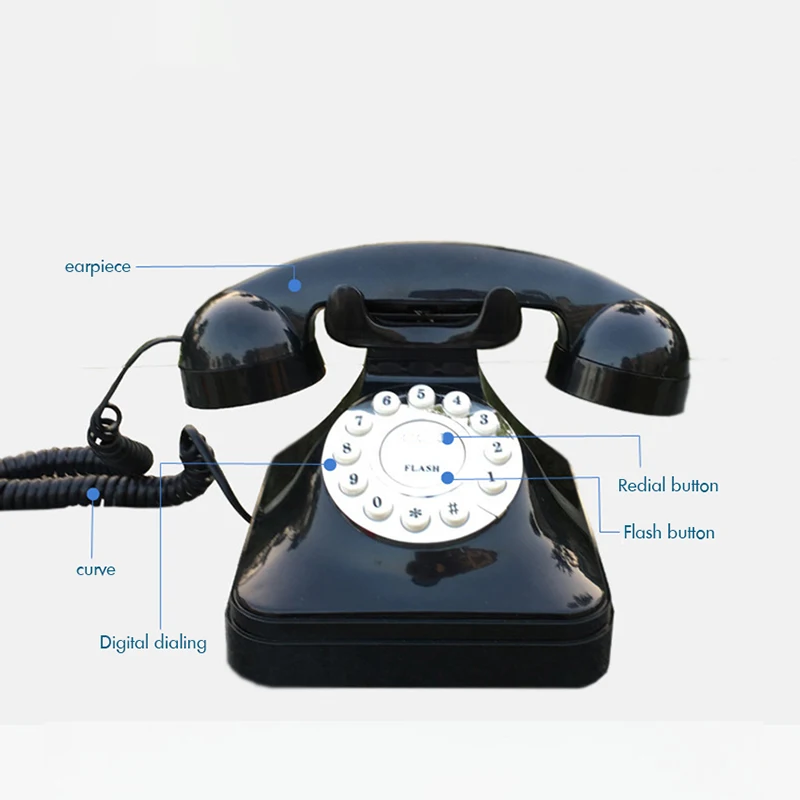 Ретро стационарен телефон Ретро-стационарен кабелен телефон с кнопочным избиране Настолен телефон за украса на дома офиса -черен3