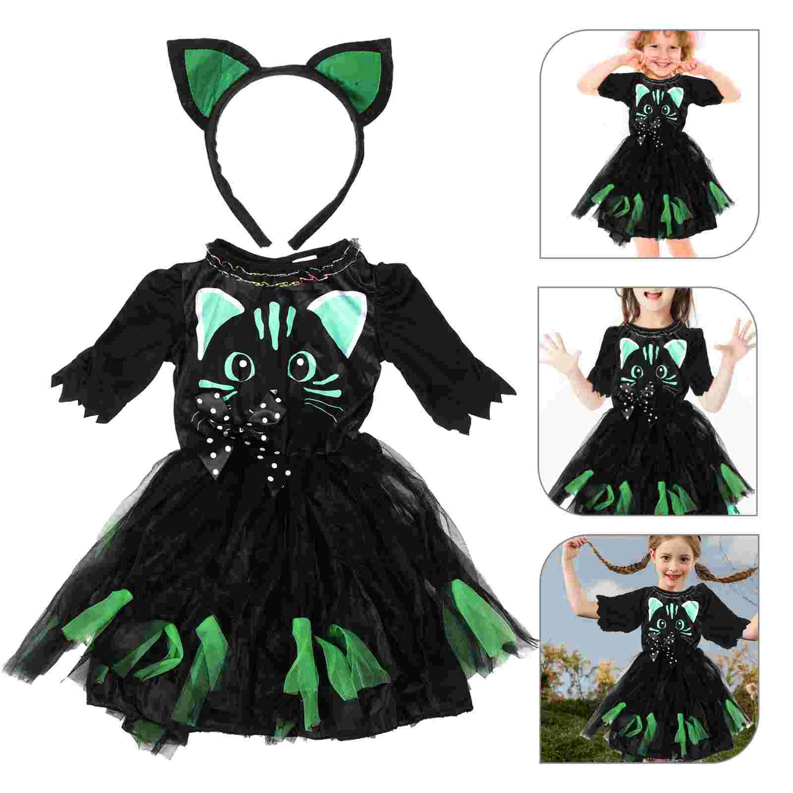Бебешка рокля с котка за момичета, превръзка на главата, детски костюм за Хелоуин, празнична дрехи за момичета0