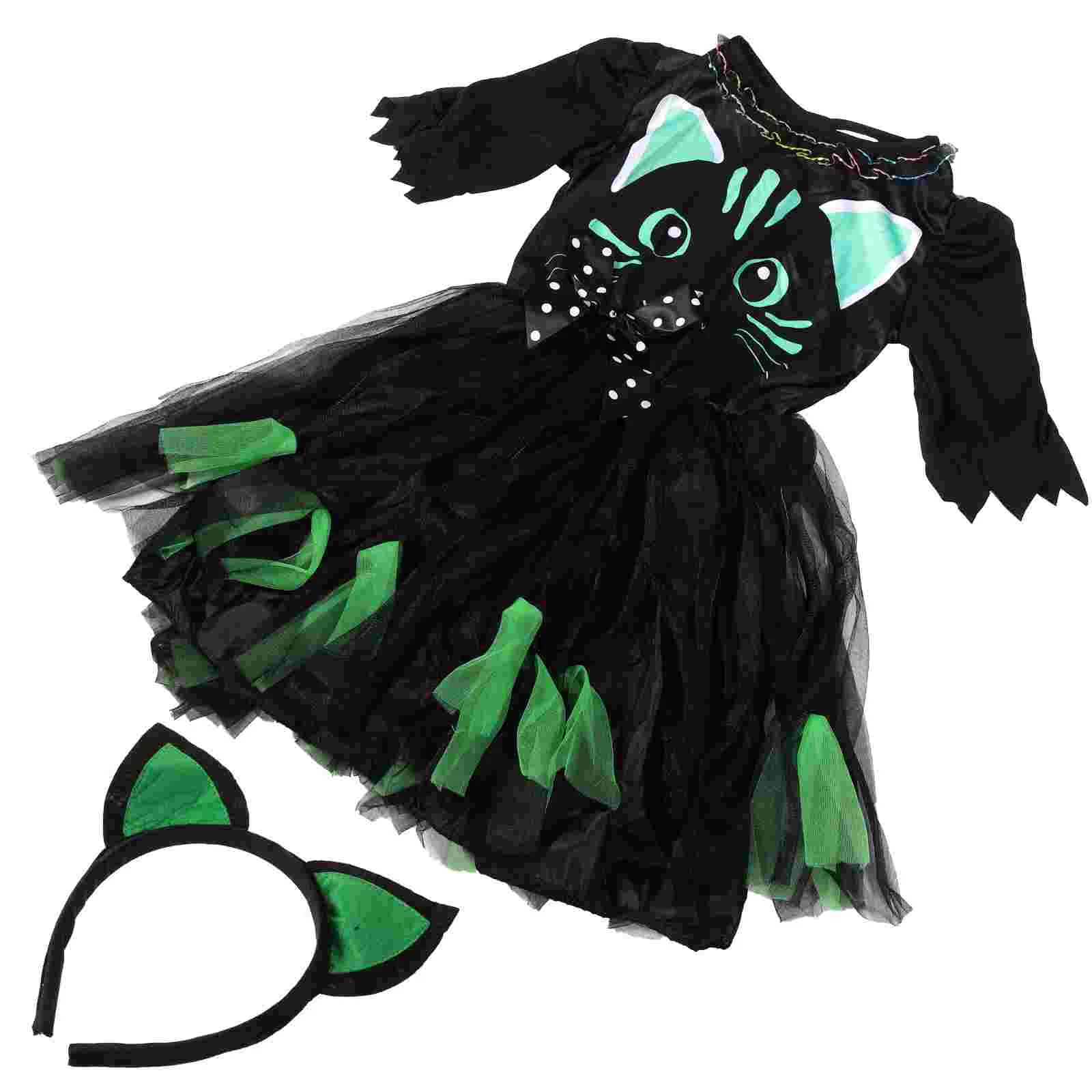 Бебешка рокля с котка за момичета, превръзка на главата, детски костюм за Хелоуин, празнична дрехи за момичета2