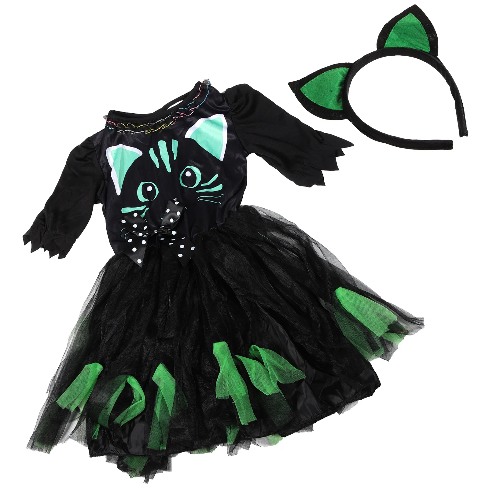 Бебешка рокля с котка за момичета, превръзка на главата, детски костюм за Хелоуин, празнична дрехи за момичета3