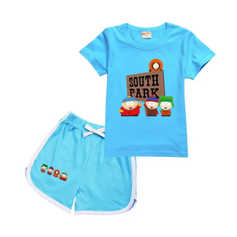 Летни дрехи за момчета и момичета, модни детски тениски с анимационни принтом, топ + ежедневни панталони, комплект от 2 теми, детски спортен костюм0