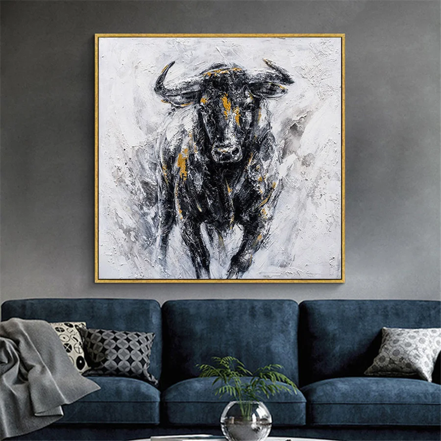 100% Ръчно рисувани на Платно за борба с бикове Картина масло Черен Силен Бик Стенно изкуство Модерни, абстрактни картини и Поп-арт Картина Офис1