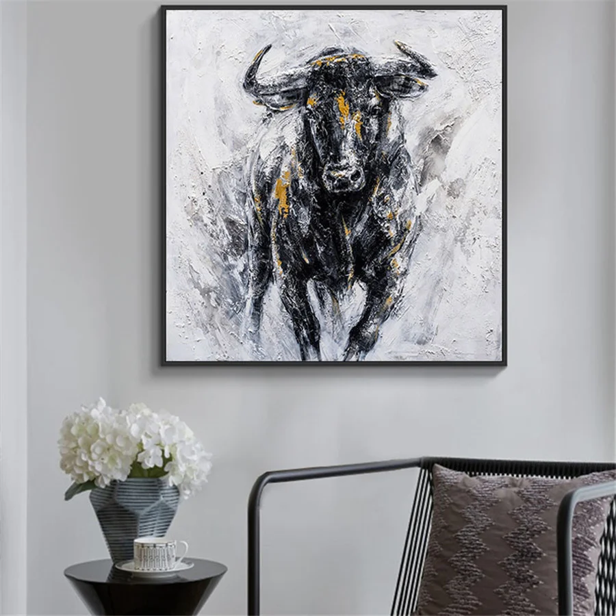 100% Ръчно рисувани на Платно за борба с бикове Картина масло Черен Силен Бик Стенно изкуство Модерни, абстрактни картини и Поп-арт Картина Офис2