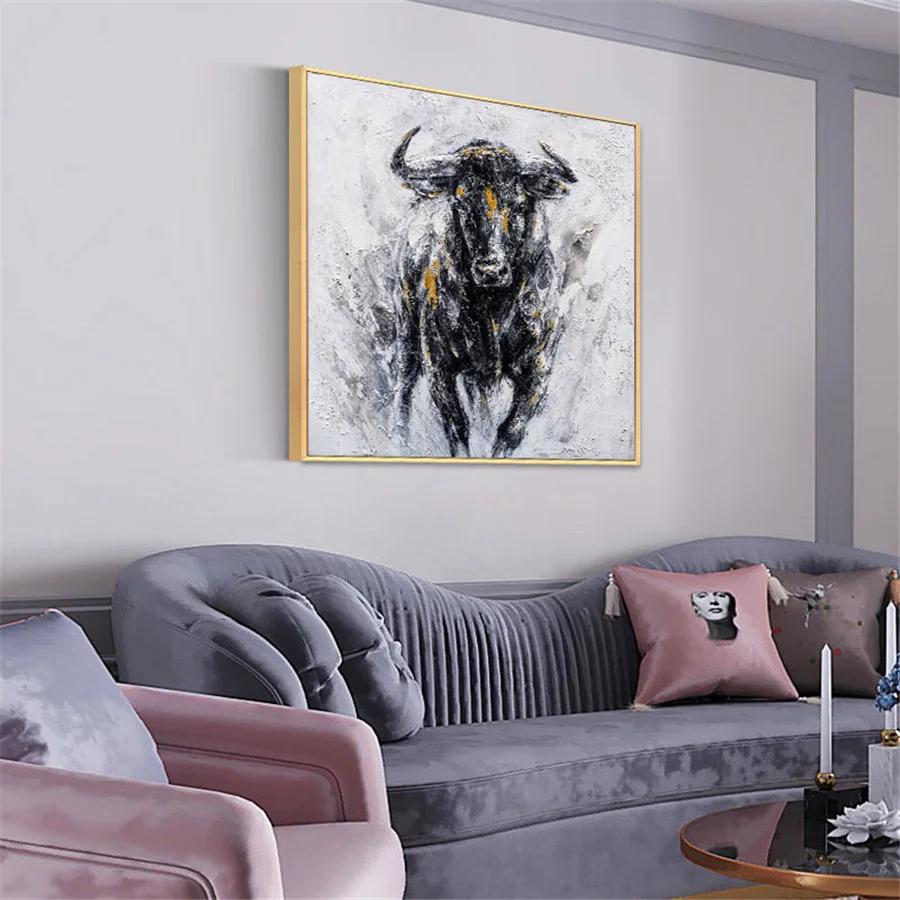 100% Ръчно рисувани на Платно за борба с бикове Картина масло Черен Силен Бик Стенно изкуство Модерни, абстрактни картини и Поп-арт Картина Офис3