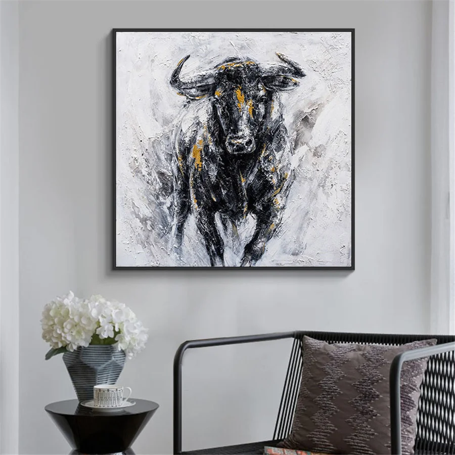 100% Ръчно рисувани на Платно за борба с бикове Картина масло Черен Силен Бик Стенно изкуство Модерни, абстрактни картини и Поп-арт Картина Офис4