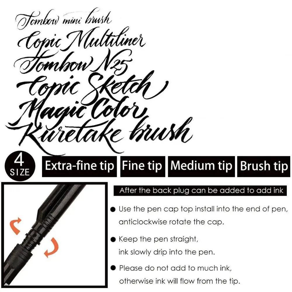 Комплект дръжки за калиграфия от 4 бр., бързо съхнещи за многократна употреба водоустойчив пигментни мастила за начинаещи, писане подпис, рисунка, надпис, изкуство F8024