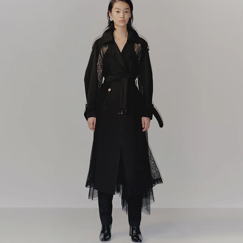 Tannt женски тренч, лейси лоскутная нерегулярная черна ветровка, бъдещите модни дълги палта за жени, новост 2023 година1