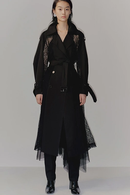 Tannt женски тренч, лейси лоскутная нерегулярная черна ветровка, бъдещите модни дълги палта за жени, новост 2023 година5