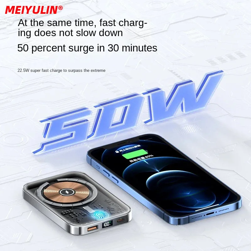 10000 ма Магнитен Банка Хранене Прозрачно Безжична Бързо Зарядно Устройство, USB Type C външна Батерия LED За iPhone 13 Xiaomi Samsung2
