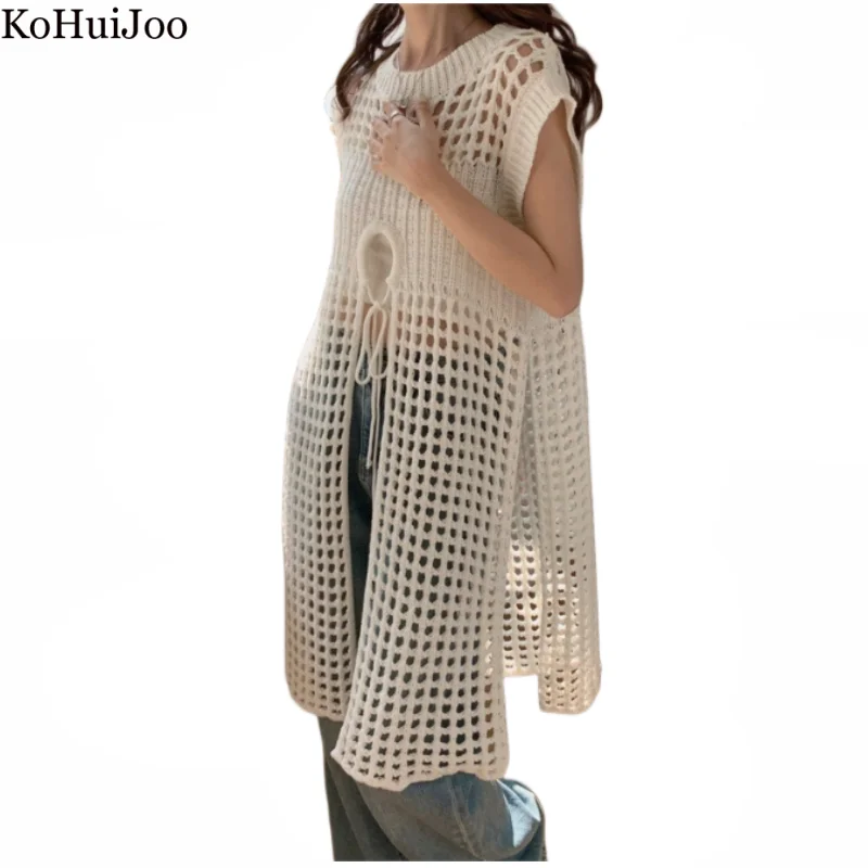 Лятото е отворено трикотажное сетчатое рокля Kohuijoo, женски трикотажное рокля-пуловер без ръкави с висока плътност, свободно бяло0