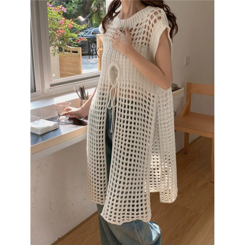 Лятото е отворено трикотажное сетчатое рокля Kohuijoo, женски трикотажное рокля-пуловер без ръкави с висока плътност, свободно бяло1