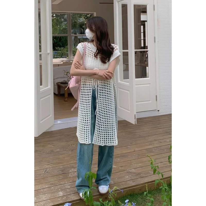 Лятото е отворено трикотажное сетчатое рокля Kohuijoo, женски трикотажное рокля-пуловер без ръкави с висока плътност, свободно бяло5