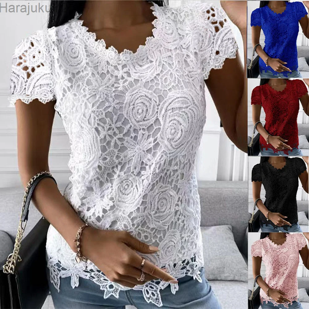 2023 Дамски лейси блуза, блузи, сексуална лейси блуза в стил мозайка с кръгло деколте и къс ръкав, ризи0