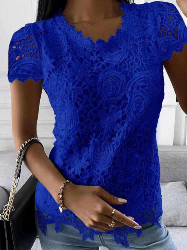 2023 Дамски лейси блуза, блузи, сексуална лейси блуза в стил мозайка с кръгло деколте и къс ръкав, ризи2