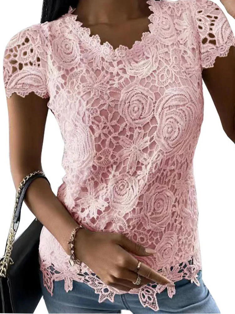 2023 Дамски лейси блуза, блузи, сексуална лейси блуза в стил мозайка с кръгло деколте и къс ръкав, ризи4