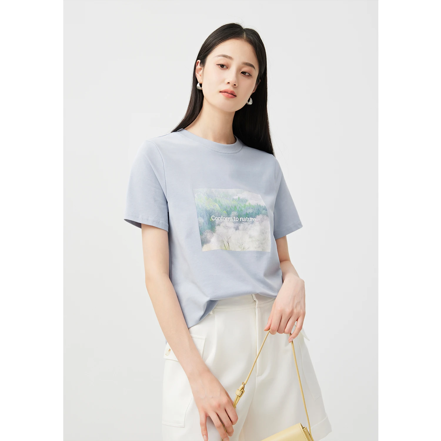 Женска тениска с принтом природни пейзажи SHUCHAN, ежедневни памучни блузи, тениски с кръгло деколте, летни тениски с къс ръкав0