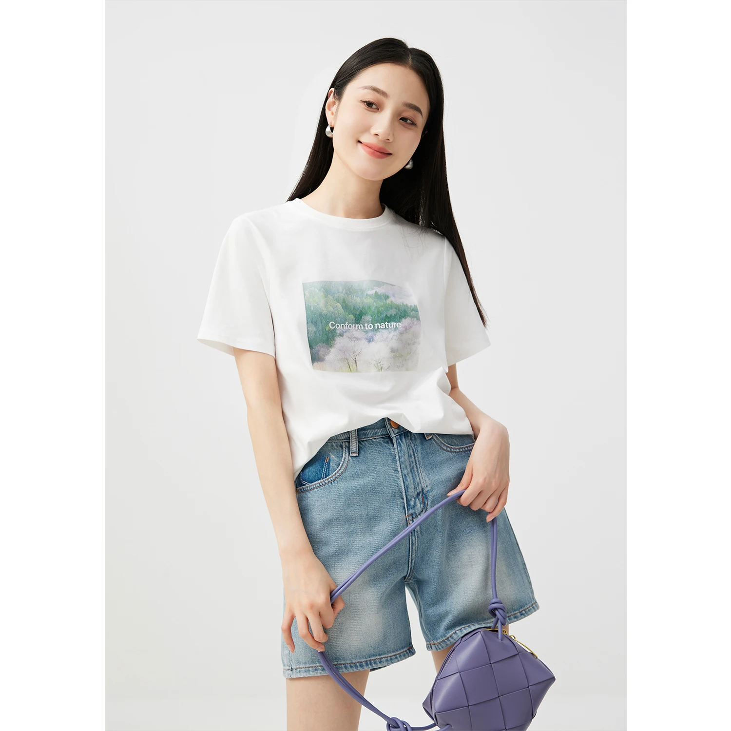 Женска тениска с принтом природни пейзажи SHUCHAN, ежедневни памучни блузи, тениски с кръгло деколте, летни тениски с къс ръкав2