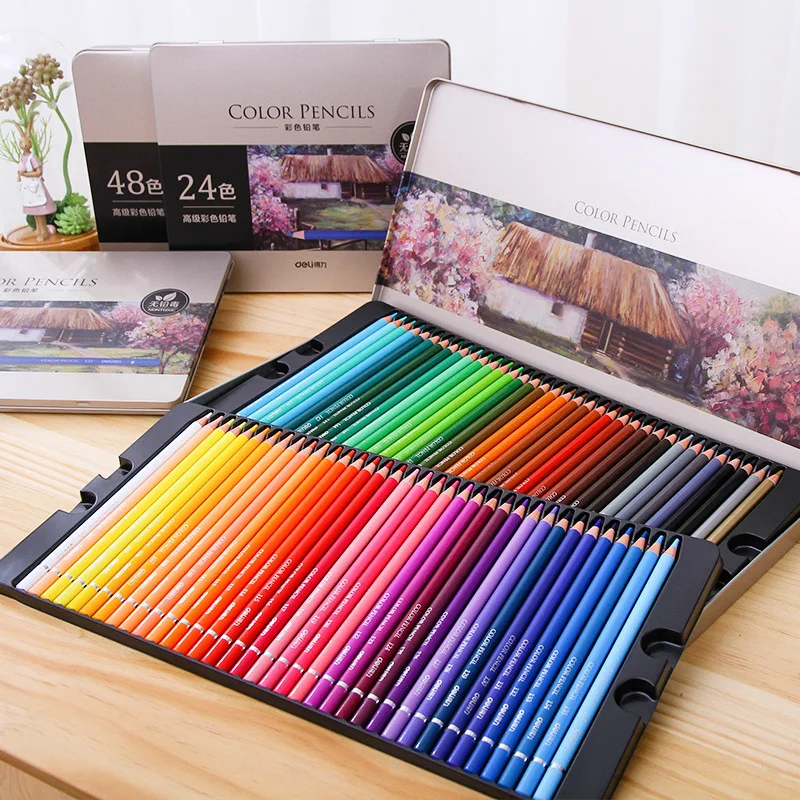 Комплект цветни моливи DELI 24-72, опаковка в желязна кутия, подарък цветен молив за рисуване0