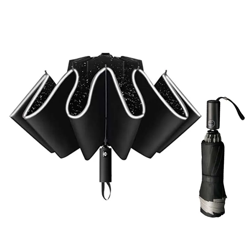 Обърнат чадър, ветрозащитный сгъваем чадър с светоотражающей ивица, 10 ребра, автоматично разкриваща и плик за Преносим пътен чадър0