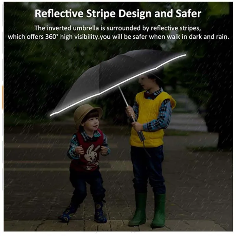 Обърнат чадър, ветрозащитный сгъваем чадър с светоотражающей ивица, 10 ребра, автоматично разкриваща и плик за Преносим пътен чадър4