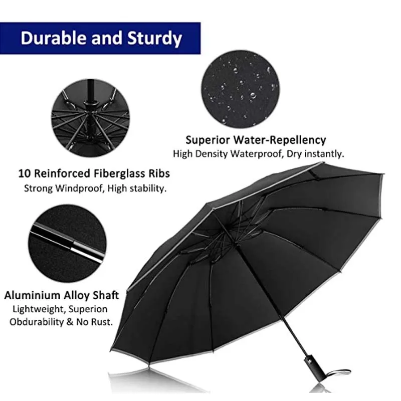 Обърнат чадър, ветрозащитный сгъваем чадър с светоотражающей ивица, 10 ребра, автоматично разкриваща и плик за Преносим пътен чадър5