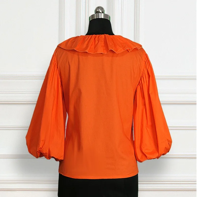 Блузи с ръкав-фенерче и V-образно деколте, дамски Елегантни ризи с волани, отворени за клубни партита, Градинска Дрехи, Нов Оранжев Плюс Размер, Офис облекло2