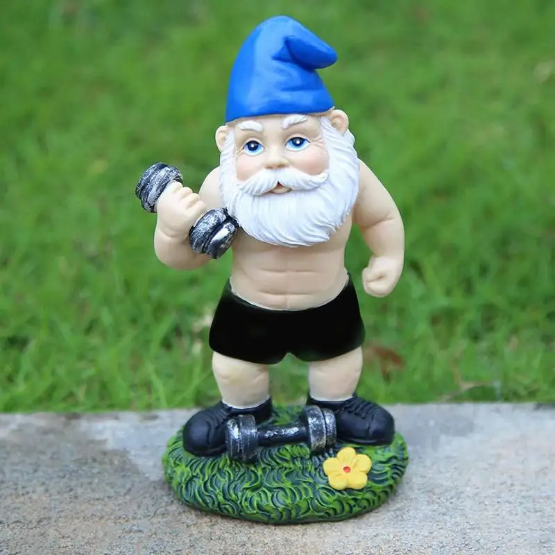 Скулптура на gnome за вдигане на тежести с гири, забавна тренировка на открито, статуята на градинско джудже, статуетка елф, декорация на дворове, косене на трева1