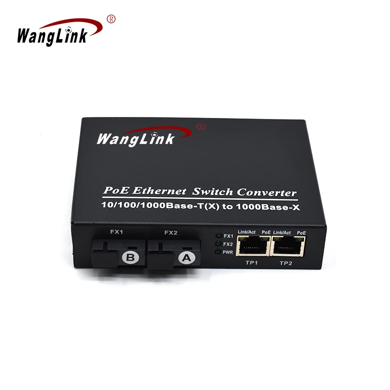 Wanglink Poe Медиаконвертер Gigabit с 2 Порта 1000Base-X 2 Порта 10/100/1000baset PoE Оптичен Комутатор 48 За IP Камери за видео наблюдение1