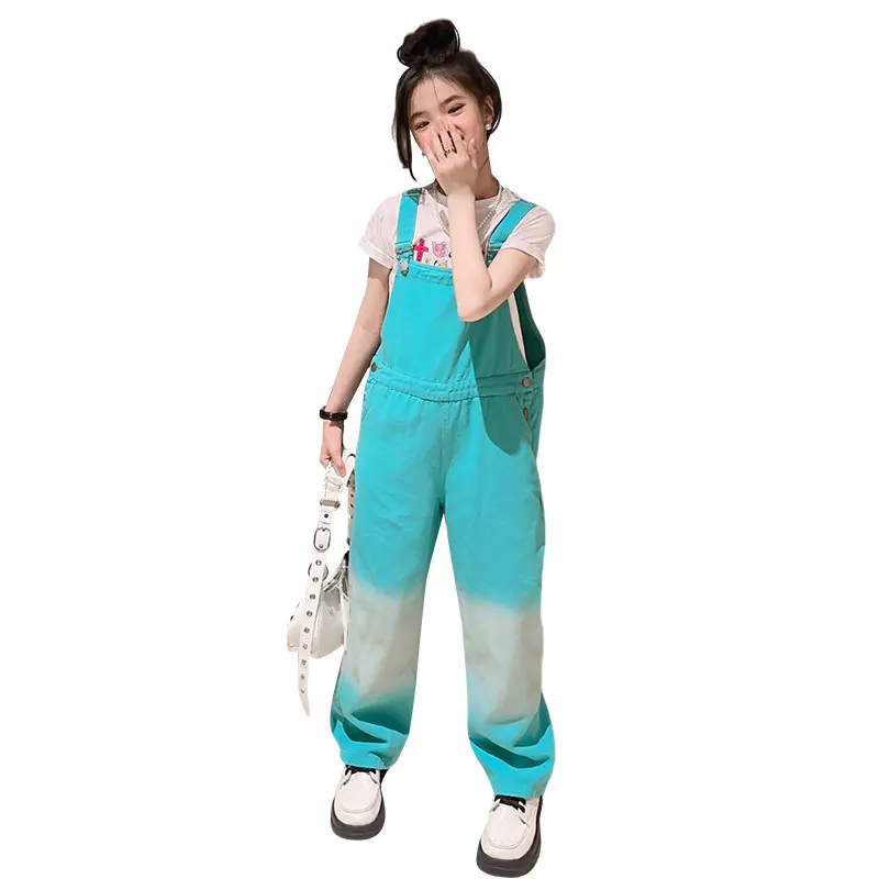 Годишният модерен детски костюм с панталони на подтяжках озерно-син цвят за момичета, фланелка с къс ръкав + гащеризони, панталони-двойка, съоръжения0