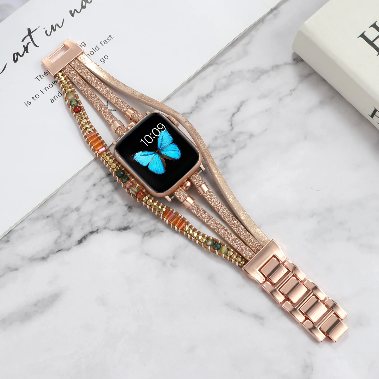 Каишка от неръждаема стомана за Apple Watch, каишка с украшение, гривна-верига за Iwatch Ultra series87654321SE, гривни с камъни за жени на китката3