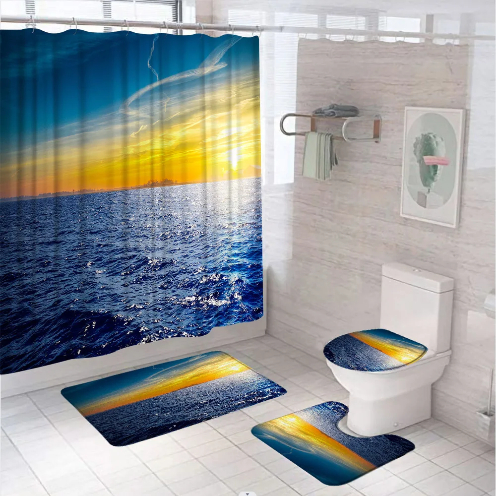 3D завеси за душ привечер на океана, комплекти природни пейзажи, сини морски вълни, тъканно завеса за баня, тампон върху капака, нескользящий подложка за вана, подложка0