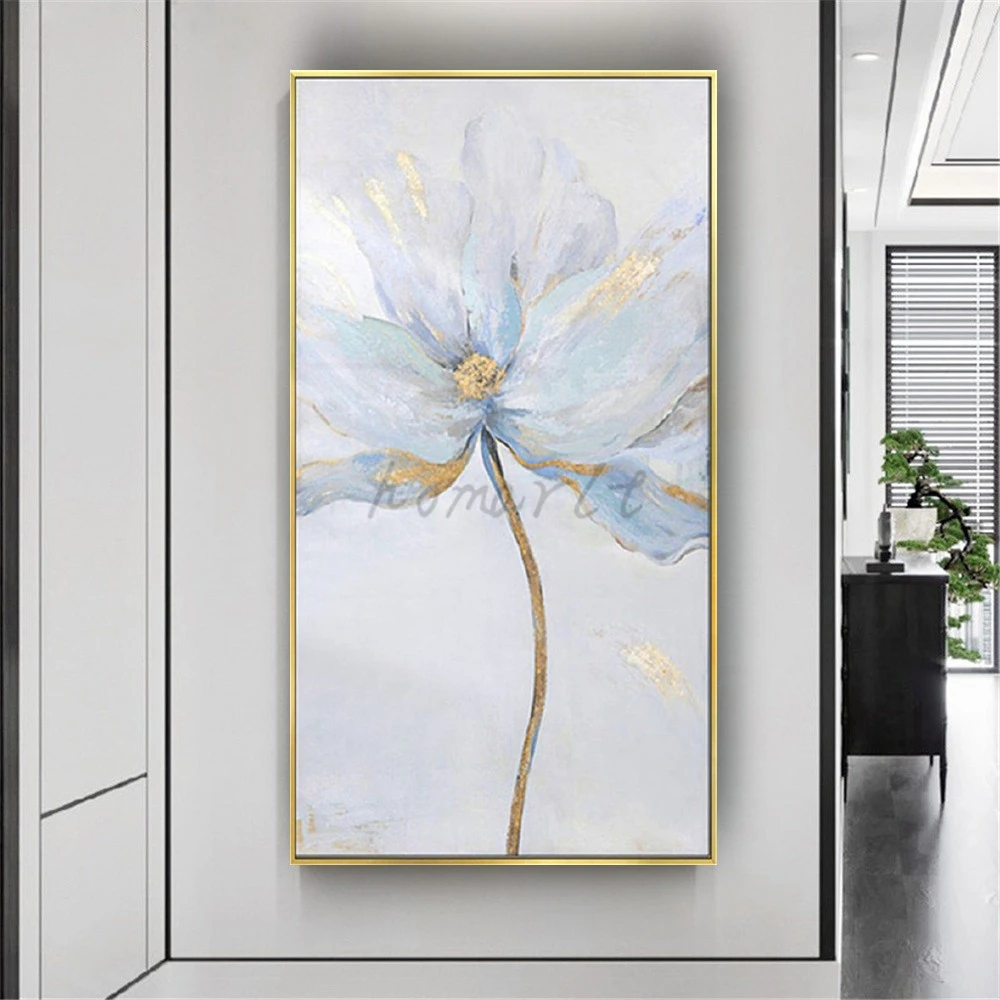Поп-златна фолио и бели цветя, картини с маслени бои върху платно, монтиран на стената художествен плакат за коридор, интериор за хол0