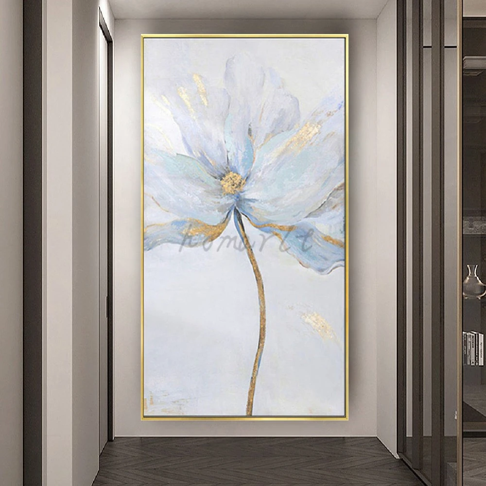Поп-златна фолио и бели цветя, картини с маслени бои върху платно, монтиран на стената художествен плакат за коридор, интериор за хол1