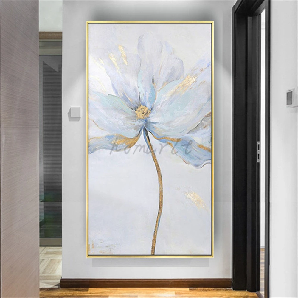 Поп-златна фолио и бели цветя, картини с маслени бои върху платно, монтиран на стената художествен плакат за коридор, интериор за хол2