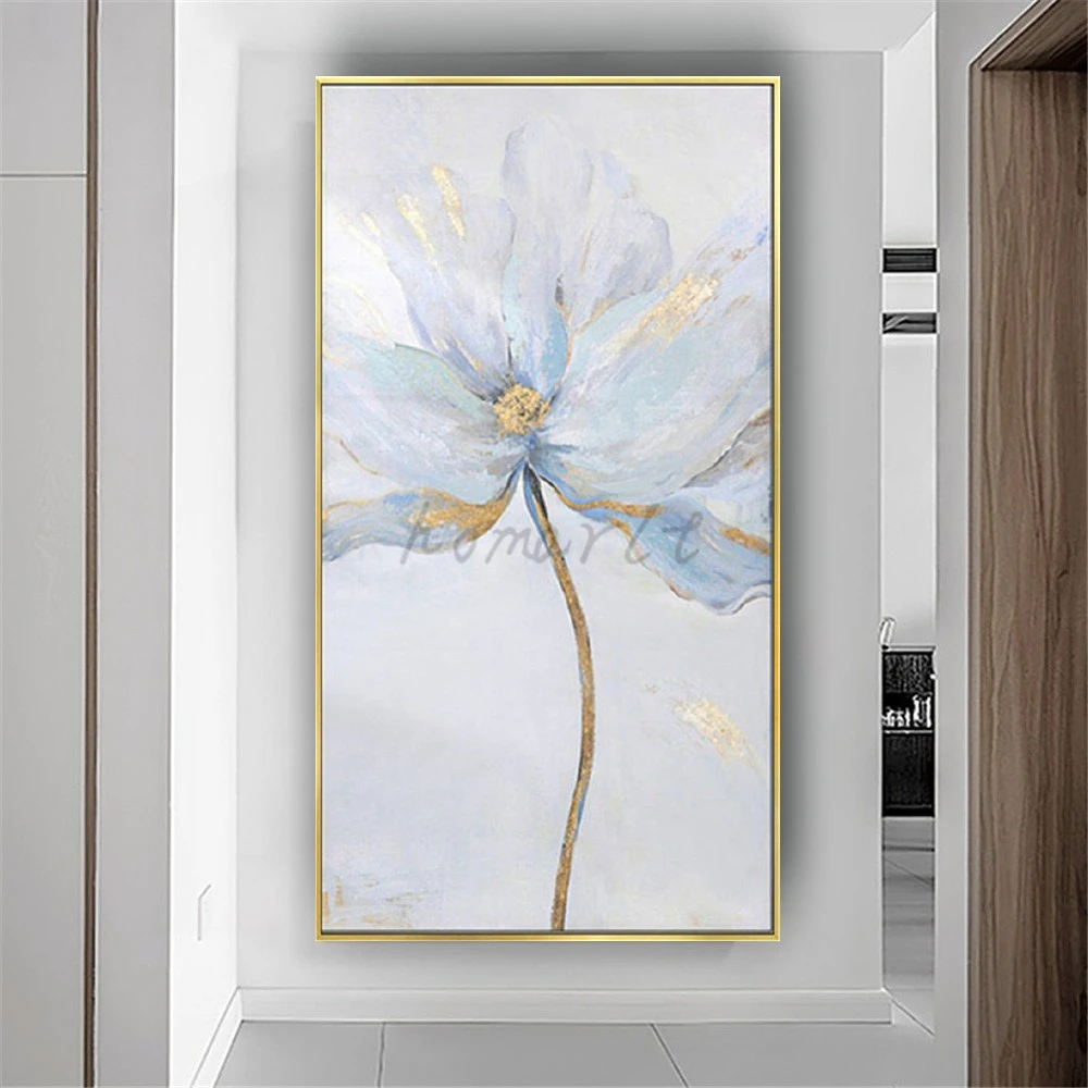 Поп-златна фолио и бели цветя, картини с маслени бои върху платно, монтиран на стената художествен плакат за коридор, интериор за хол4