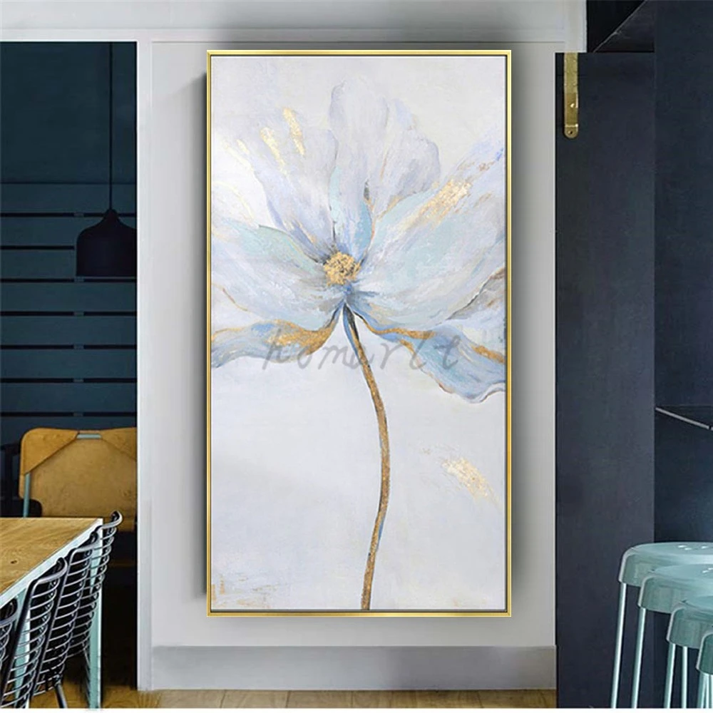 Поп-златна фолио и бели цветя, картини с маслени бои върху платно, монтиран на стената художествен плакат за коридор, интериор за хол5