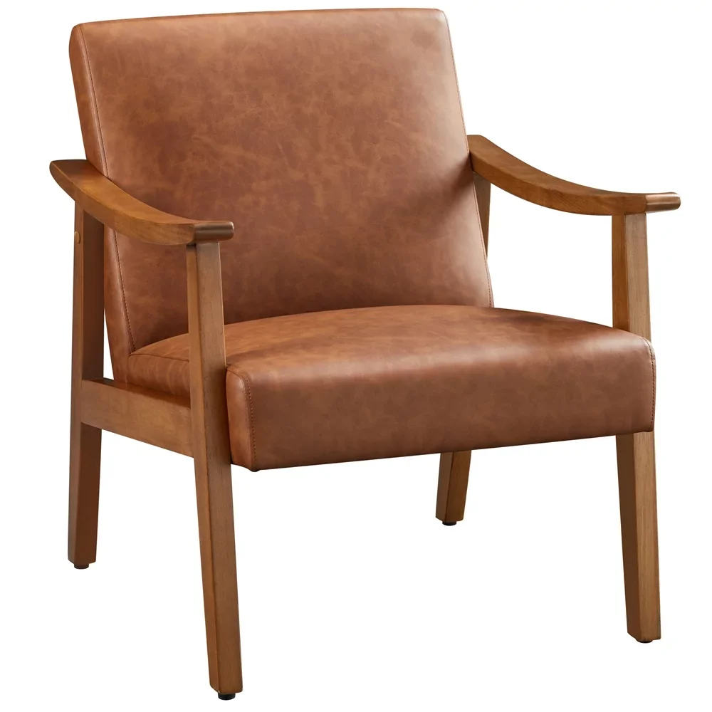 Дизайнерски стол Олдън от изкуствена кожа с дървени подлакътници, светло кафяво0