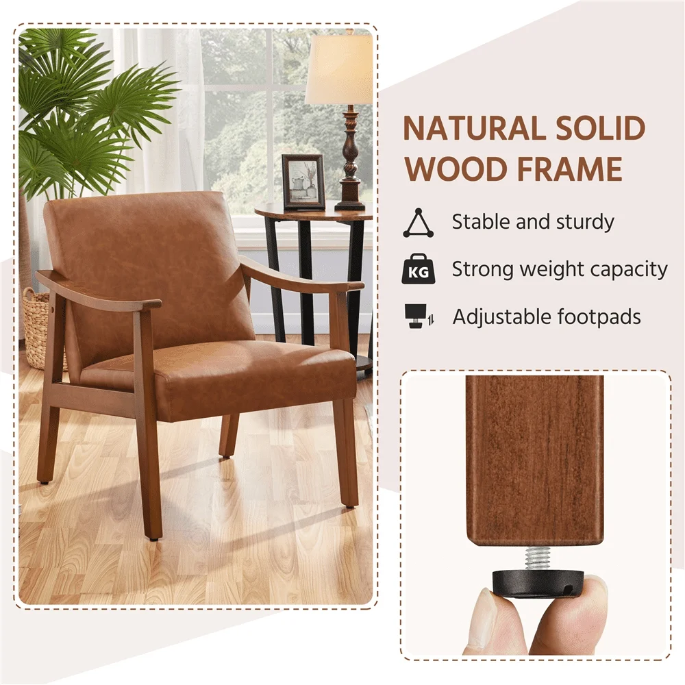 Дизайнерски стол Олдън от изкуствена кожа с дървени подлакътници, светло кафяво5