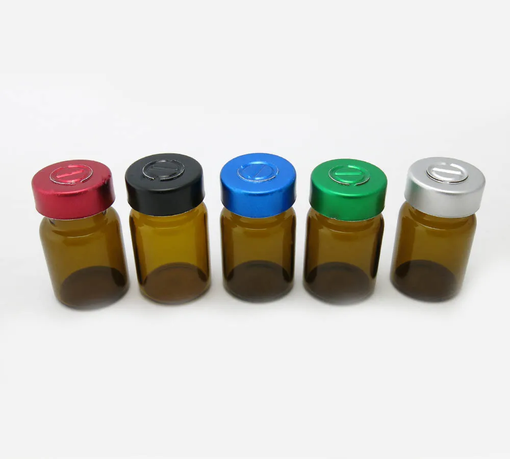 флаконите за лекарства по 100x5 мл кехлибарен цвят, с алуминиеви панти капак 5 цвята, флакони за инжектиране обем 5 cc едро2
